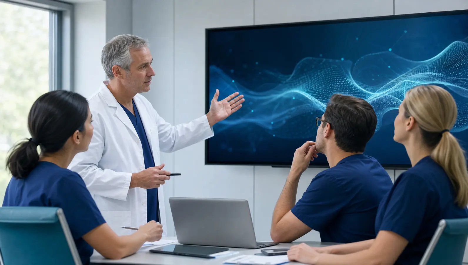 Clinical educator leading a technical teaching discussion with hospital clinicians